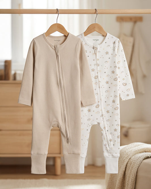 Twingle 100% Organic Cotton Sleepsuit-Zip Guard to Protect Baby's Chin & Neck-Two Way Zipper for Easy Diaper Change-Inbuilt Booties & Mittens-Hearts & Stars Print-Beige-Pack of 2-For Infants