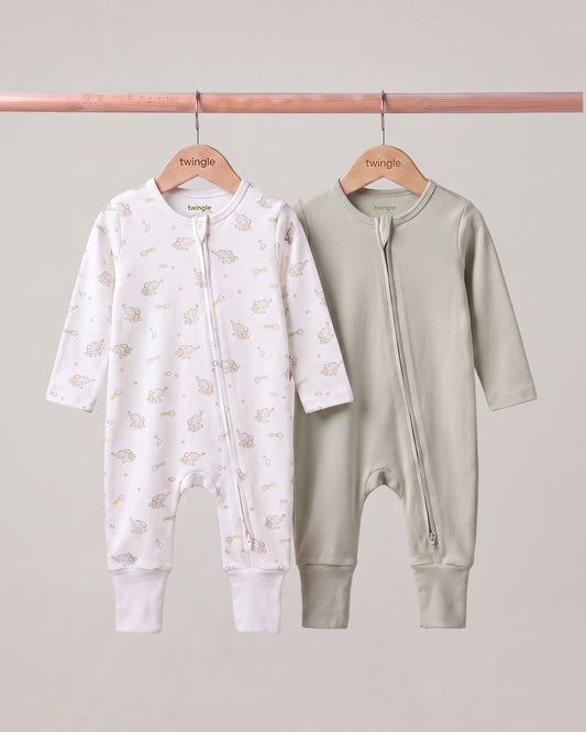 Twingle 100% Organic Cotton Sleepsuit-Zip Guard to Protect Baby's Chin & Neck-Two Way Zipper for Easy Diaper Change-Inbuilt Booties & Mittens-Elephant Print-Sage Green-Pack of 2-For Infants