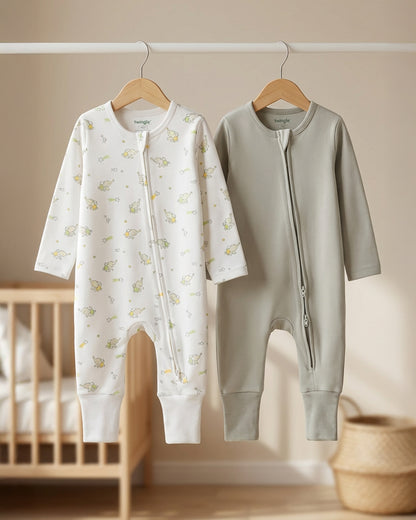 Twingle 100% Organic Cotton Sleepsuit-Zip Guard to Protect Baby's Chin & Neck-Two Way Zipper for Easy Diaper Change-Inbuilt Booties & Mittens-Elephant Print-Sage Green-Pack of 2-For Infants