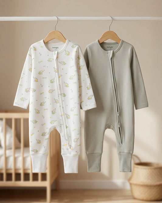 Twingle 100% Organic Cotton Sleepsuit-Zip Guard to Protect Baby's Chin & Neck-Two Way Zipper for Easy Diaper Change-Inbuilt Booties & Mittens-Elephant Print-Sage Green-Pack of 2-For Infants
