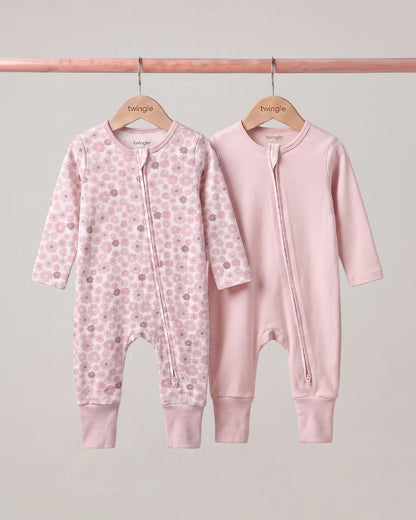 Twingle 100% Organic Cotton Sleepsuit-Zip Guard to Protect Baby's Chin & Neck-Two Way Zipper for Easy Diaper Change-Inbuilt Booties & Mittens-Floral Print-Pastel Pink-For Infants-Pack of 2-For Infants