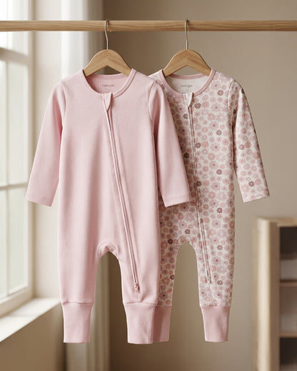 Twingle 100% Organic Cotton Sleepsuit-Zip Guard to Protect Baby's Chin & Neck-Two Way Zipper for Easy Diaper Change-Inbuilt Booties & Mittens-Floral Print-Pastel Pink-For Infants-Pack of 2-For Infants