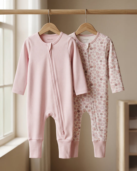 Twingle 100% Organic Cotton Sleepsuit-Zip Guard to Protect Baby's Chin & Neck-Two Way Zipper for Easy Diaper Change-Inbuilt Booties & Mittens-Floral Print-Pastel Pink-For Infants-Pack of 2-For Infants