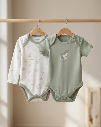 Twingle 100% Organic Cotton Bodysuit-Envelope Neck for Easy Dressing-Nickel Free Snaps-Elephant Print-Sage Green-Pack of 2-For Infants