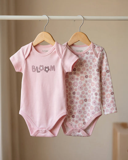 Twingle 100% Organic Cotton Bodysuit-Envelope Neck for Easy Dressing-Nickel Free Snaps-Floral Print-Pastel Pink-Pack of 2-For Infants
