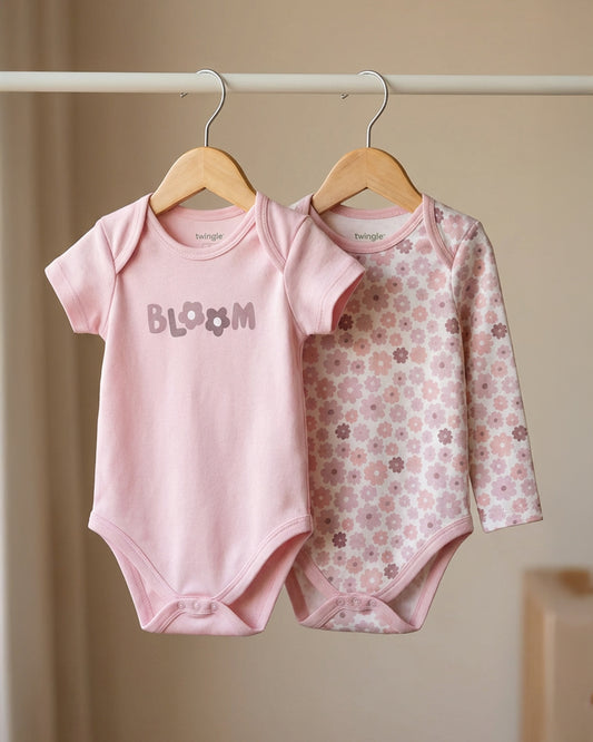Twingle 100% Organic Cotton Bodysuit-Envelope Neck for Easy Dressing-Nickel Free Snaps-Floral Print-Pastel Pink-Pack of 2-For Infants