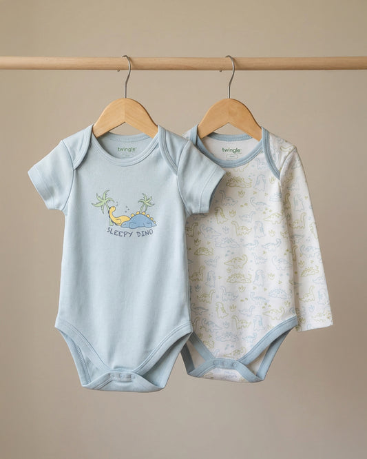 Twingle 100% Organic Cotton Bodysuit-Envelope Neck for Easy Dressing-Nickel Free Snaps-Dino Print-Light Blue-Pack of 2-For Infants