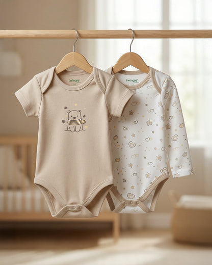 Twingle 100% Organic Cotton Bodysuit-Envelope Neck for Easy Dressing-Nickel Free Snaps-Hearts & Stars Print-Beige-Pack of 2-For Infants
