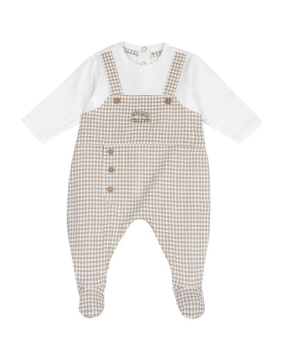 Chicco White & Beige Dungaree Sleepsuit-Checkered Print-Cotton-For Infants