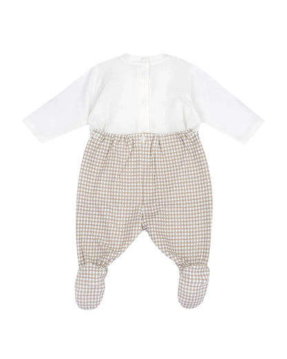 Chicco White & Beige Dungaree Sleepsuit-Checkered Print-Cotton-For Infants