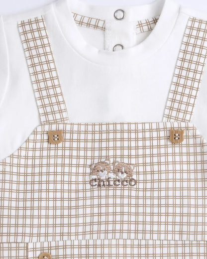 Chicco White & Beige Dungaree Sleepsuit-Checkered Print-Cotton-For Infants