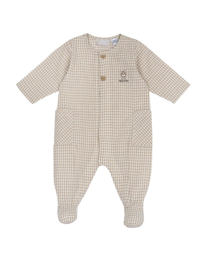 Chicco Beige Front Opening Sleepsuit-Checkered Print-Cotton-For Infants