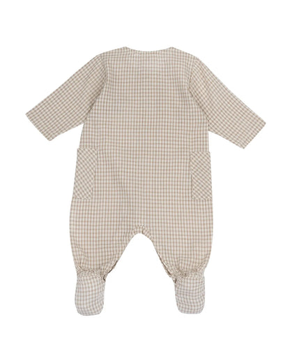 Chicco Beige Front Opening Sleepsuit-Checkered Print-Cotton-For Infants