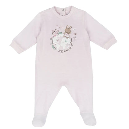 Chicco Pastel Pink Back Opening Sleepsuit-Animal Print-Cotton-For Infants