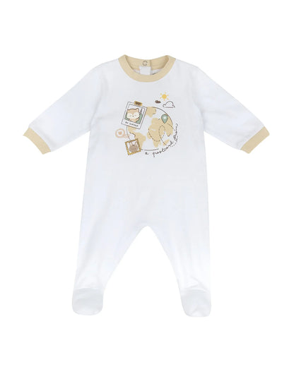 Chicco White & Beige Back Opening Sleepsuit-Animal Print-Cotton-For Infants