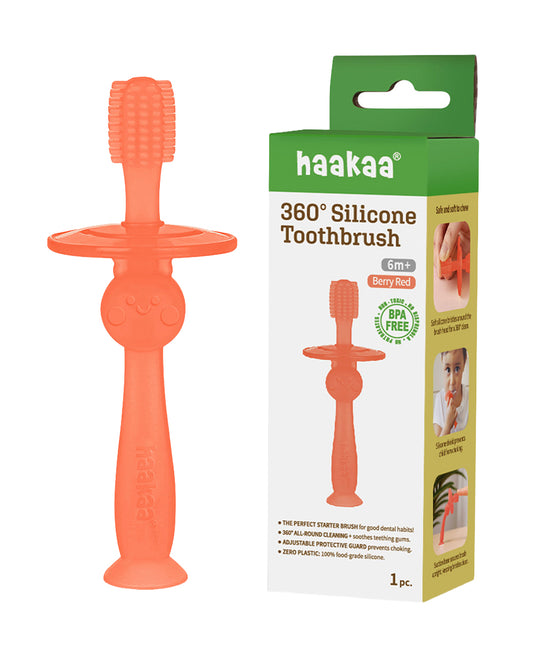 Haakaa 360° Silicone Baby Toothbrush-with Adjustable Protective Guard & Suction Base-6M+-Berry Red