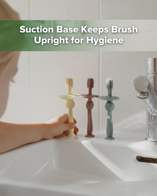 Haakaa 360° Silicone Baby Toothbrush-with Adjustable Protective Guard & Suction Base-6M+-Berry Red