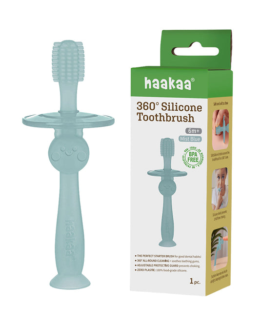 Haakaa 360° Silicone Baby Toothbrush-with Adjustable Protective Guard & Suction Base-6M+-Mist Blue