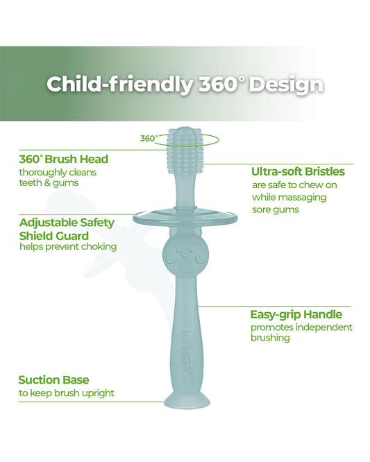 Haakaa 360° Silicone Baby Toothbrush-with Adjustable Protective Guard & Suction Base-6M+-Mist Blue