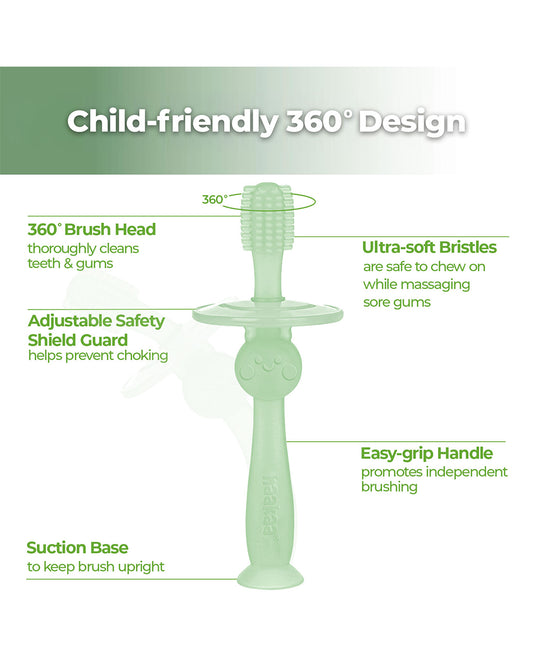Haakaa 360° Silicone Baby Toothbrush-with Adjustable Protective Guard & Suction Base-6M+-Lime