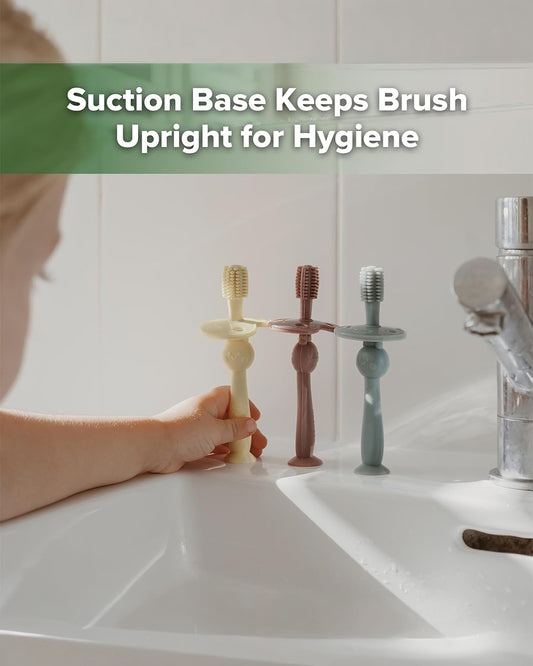 Haakaa 360° Silicone Baby Toothbrush-with Adjustable Protective Guard & Suction Base-6M+-Lime
