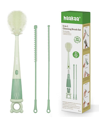 Haakaa 5-in-1 Cleaning Brush Set-Flexible Bristles for 360 Degree Cleaning-Anti-slip Handle-BPA & PVC Free