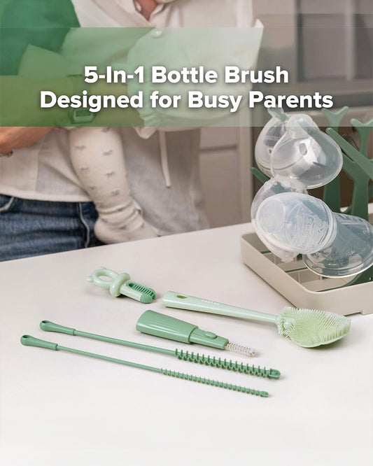 Haakaa 5-in-1 Cleaning Brush Set-Flexible Bristles for 360 Degree Cleaning-Anti-slip Handle-BPA & PVC Free