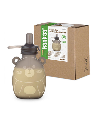 Haakaa Happii Bear Silicone Goody Pouch-Food Feeder-Reusable Food Pouch with Drinking Straw-Freezer & Microwave Safe-170ml-6M+