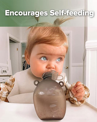 Haakaa Happii Bear Silicone Goody Pouch-Food Feeder-Reusable Food Pouch with Drinking Straw-Freezer & Microwave Safe-170ml-6M+