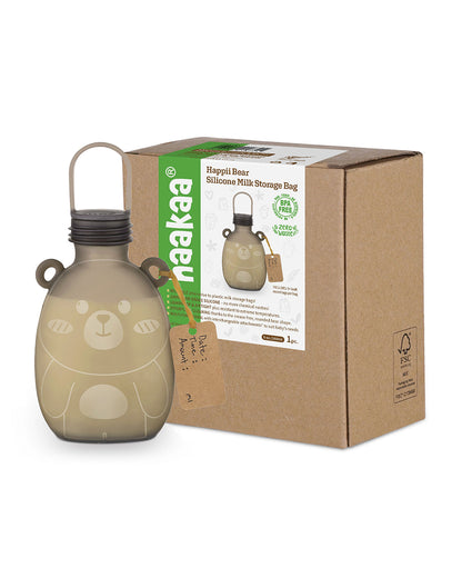 Haakaa Happii Bear Silicone Breast Milk Storage Bag-Reusable & Leakproof-Freezer & Microwave Safe-Grey-260ml