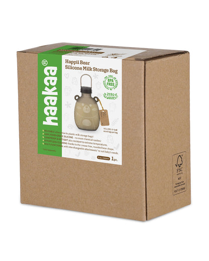 Haakaa Happii Bear Silicone Breast Milk Storage Bag-Reusable & Leakproof-Freezer & Microwave Safe-Grey-260ml