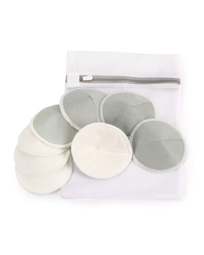 Haakaa All Day Reusable Nursing Pads With Washing Bag-Contoured Cone Shape-Made with Soft Bamboo & Absorbent Microfibre-Grey & White-Pack of 8
