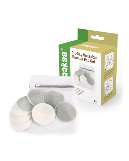 Haakaa All Day Reusable Nursing Pads With Washing Bag-Contoured Cone Shape-Made with Soft Bamboo & Absorbent Microfibre-Grey & White-Pack of 8