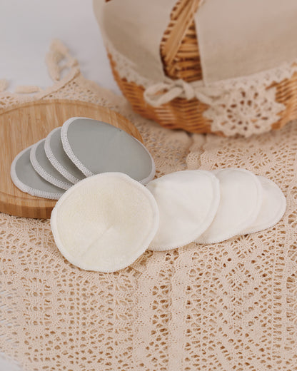 Haakaa All Day Reusable Nursing Pads With Washing Bag-Contoured Cone Shape-Made with Soft Bamboo & Absorbent Microfibre-Grey & White-Pack of 8