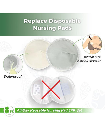 Haakaa All Day Reusable Nursing Pads With Washing Bag-Contoured Cone Shape-Made with Soft Bamboo & Absorbent Microfibre-Grey & White-Pack of 8