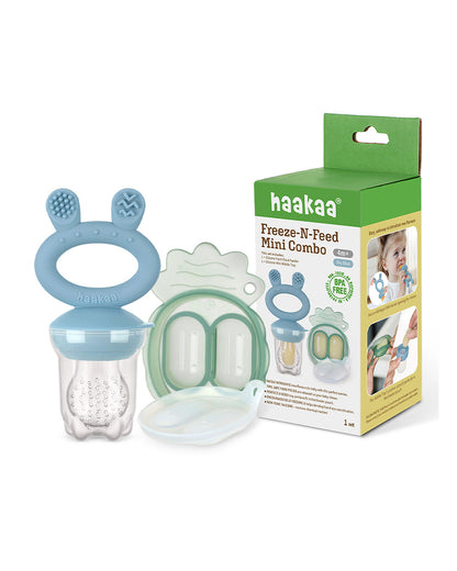 Haakaa Freeze-N-Feed Mini Combo-Food Feeder & Tray-Non-toxic Silicone Pouch with Small Holes-Sky Blue Feeder & Pea Green Tray-4M+