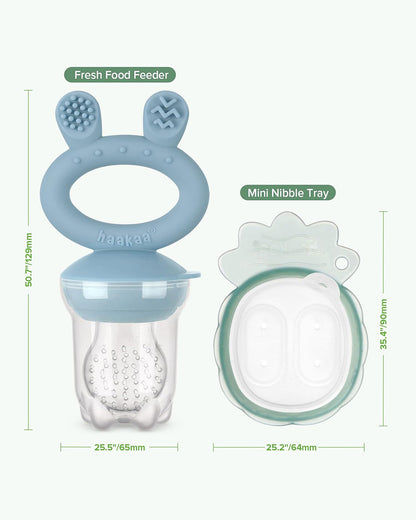 Haakaa Freeze-N-Feed Mini Combo-Food Feeder & Tray-Non-toxic Silicone Pouch with Small Holes-Sky Blue Feeder & Pea Green Tray-4M+
