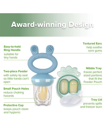 Haakaa Freeze-N-Feed Mini Combo-Food Feeder & Tray-Non-toxic Silicone Pouch with Small Holes-Sky Blue Feeder & Pea Green Tray-4M+