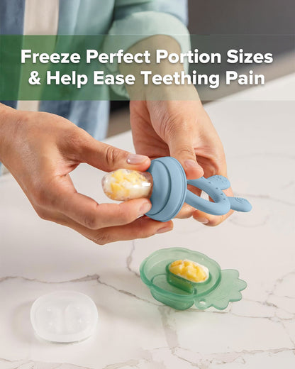 Haakaa Freeze-N-Feed Mini Combo-Food Feeder & Tray-Non-toxic Silicone Pouch with Small Holes-Sky Blue Feeder & Pea Green Tray-4M+