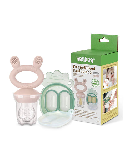 Haakaa Freeze-N-Feed Mini Combo-Food Feeder & Tray-Non-toxic Silicone Pouch with Small Holes-Blush Feeder & Pea Green Tray-4M+