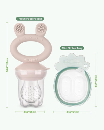 Haakaa Freeze-N-Feed Mini Combo-Food Feeder & Tray-Non-toxic Silicone Pouch with Small Holes-Blush Feeder & Pea Green Tray-4M+