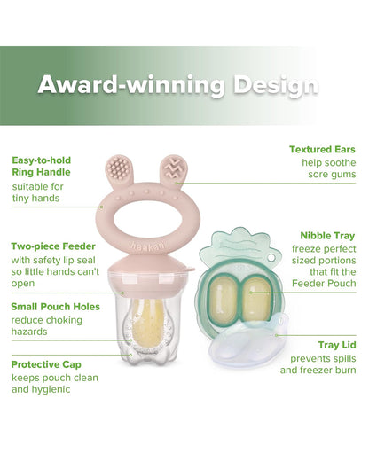 Haakaa Freeze-N-Feed Mini Combo-Food Feeder & Tray-Non-toxic Silicone Pouch with Small Holes-Blush Feeder & Pea Green Tray-4M+