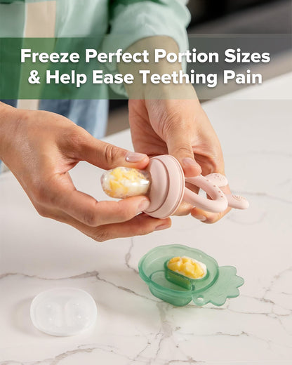 Haakaa Freeze-N-Feed Mini Combo-Food Feeder & Tray-Non-toxic Silicone Pouch with Small Holes-Blush Feeder & Pea Green Tray-4M+