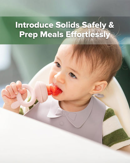 Haakaa Freeze-N-Feed Mini Combo-Food Feeder & Tray-Non-toxic Silicone Pouch with Small Holes-Blush Feeder & Pea Green Tray-4M+