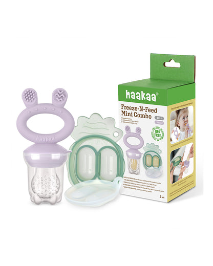 Haakaa Freeze-N-Feed Mini Combo-Food Feeder & Tray-Non-toxic Silicone Pouch with Small Holes-Lavender Feeder & Pea Green Tray-4M+