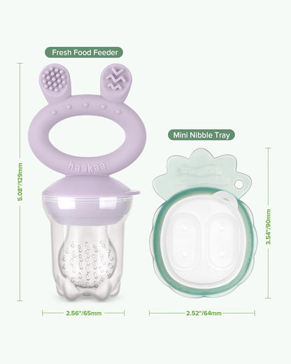 Haakaa Freeze-N-Feed Mini Combo-Food Feeder & Tray-Non-toxic Silicone Pouch with Small Holes-Lavender Feeder & Pea Green Tray-4M+
