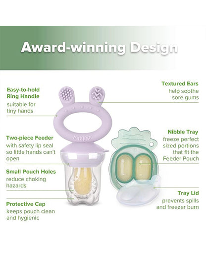 Haakaa Freeze-N-Feed Mini Combo-Food Feeder & Tray-Non-toxic Silicone Pouch with Small Holes-Lavender Feeder & Pea Green Tray-4M+