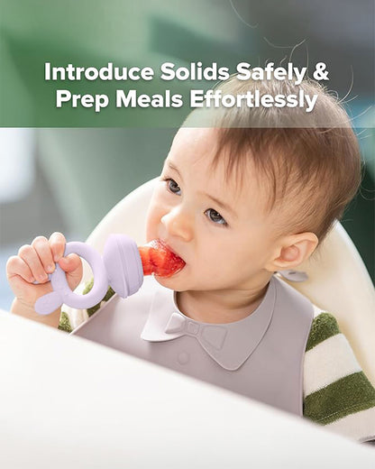Haakaa Freeze-N-Feed Mini Combo-Food Feeder & Tray-Non-toxic Silicone Pouch with Small Holes-Lavender Feeder & Pea Green Tray-4M+