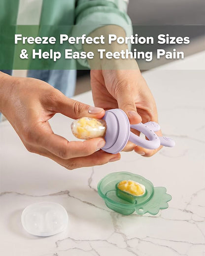 Haakaa Freeze-N-Feed Mini Combo-Food Feeder & Tray-Non-toxic Silicone Pouch with Small Holes-Lavender Feeder & Pea Green Tray-4M+