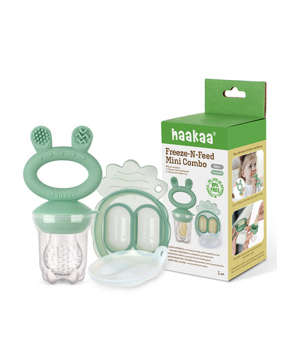 Haakaa Freeze-N-Feed Mini Combo-Food Feeder & Tray-Non-toxic Silicone Pouch with Small Holes-Pea Green Feeder & Pea Green Tray-4M+